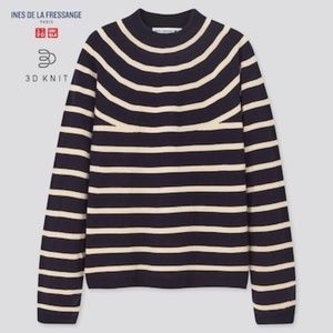 NWT Uniqlo Ines de la Fressange 3D knit striped sweater navy cream mock neck M